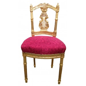 chaise-harpe-tissu-satine-rouge-bois-dore